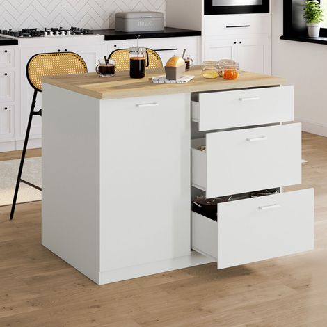 TIBO 110 cm isla central con cacerola de madera blanca de 3 cajones y encimera efecto haya