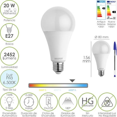 Ampoule LED Standard à vis E27. 20 Watts. Équivalent à 150 Watts. 2452 Lumens. Lumière froide (6500 K).