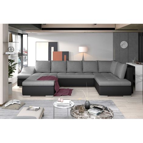 Canapé panoramique GYOVANI gris et noir angle gauche convertible couchage 140x294cm