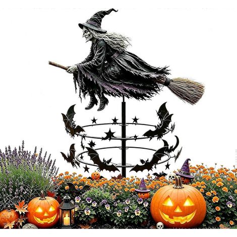 Décorations d'Halloween extérieures en métal pour jardin girouette motif sorcière volante et chauve-souris 1 pièce (1/5)
