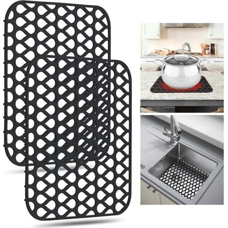 Silicone Sink Protective Mat, 2 Pack, 34.5 x 29 cm, Non-Slip, Suitable for Old, Stainless Steel and Ceramic Sinks (Black) (1/4)