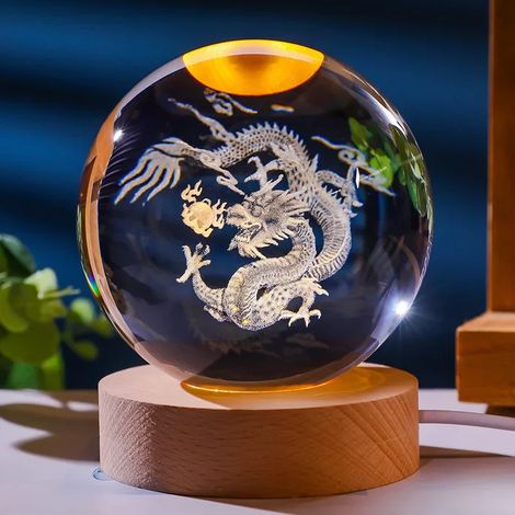 Boule de cristal colorée avec support lumineux LED, décoration en verre gravée au laser