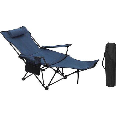 Chaise longue de relaxation extérieure, bain de soleil pliable, transat de camping et pêche, avec coussin appui-tête amovible et repose-jambes extensible, 160 × 84 × 44 cm, bleu (1/5)