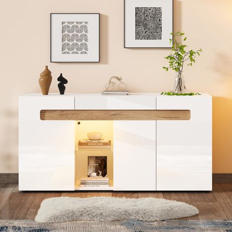 Armario auxiliar con LED, 140x40x70 cm, control por app, 3 puertas alto brillo, tablero de partículas, blanco (1/5)