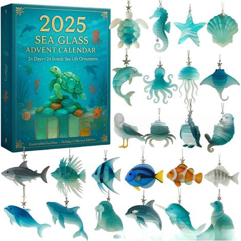 Calendrier de l'Avent 2025 avec 24 décorations plates en 2D d'animaux de l'océan 24 jours pour décorations de sapin de Noël (1/5)
