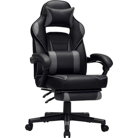 Fauteuil gamer SONGMICS OBG073B03 - Gris et noir - Chaise gaming - Siège de bureau réglable - Avec repose-pieds télescopique - Ergonomique - Mécanisme basculant - Appui-tête - Support lombaire - Charg