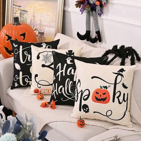 Set mit 4 Halloween-Dekokissenbezügen 45 x 45 cm - Quadratischer Leinenkissenbezug mit Kürbismuster "Trick or Treat" für Sofa, Bett, Zuhause, Außenbereich, Auto (45 cm)