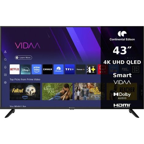 Continental Edison – TV LED UHD QLED 43" (110 cm) – CELED43SVQLD26B7 – 3xHDMI, 2xUSB, Noir – Taux de rafraîchissement 60Hz, Classe énergétique A