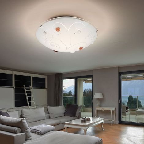Plafoniera Plafoniera con paralume in vetro a 1 fiamma Illuminazione per soggiorno opale con pietre decorative, linee in metallo cromato, 1x LED 8 watt 640 lm, D 25 cm