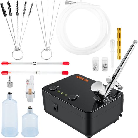 Compresseur Aérographe Professionnel Kit Aérographe Complet Double Action Pistolet Aérographe 0,2/0,3/0,5 mm Pression d'Air Réglable pour Décoration Pâtisserie Tatouage Ongle Maquillage Peinture (1/5)