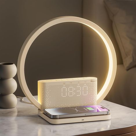 Réveil Lumineux Simulateur d'Aube, Lampe de Reveil avec tactile réglable,3 niveaux de luminosité,lampe de chevet avec chargeur sans fil, aide à dormir les bébés et les adultes (1/5)