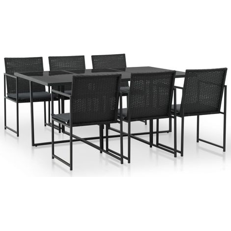 7-tlg. Garten-Essgruppe mit Auflagen Poly Rattan Schwarz