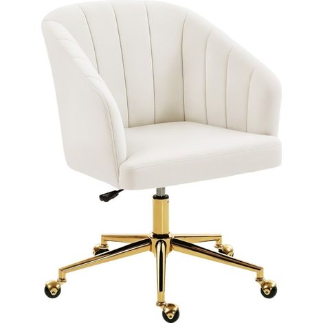 Chaise de bureau pivotante réglable et roulante en tissu crème blanc, assise confort avec dossier de soutien, base métal, CHICFURN (1/5)
