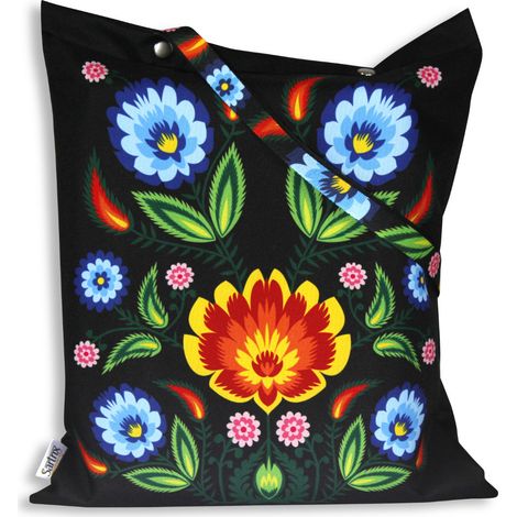 Borsa folk di Łowicz, impregnata di fiori blu, ritaglio nero (1/5)