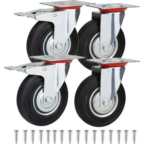 4 roulettes pivotantes pour meubles 3 pouces, 2 roulettes pivotantes à fond plat, 2 roulettes à frein à fond plat, 16 vis M8, jusqu'à 200 kg - roulettes porteuses silencieuses pour chariot (1/4)