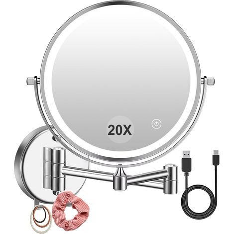 Rechargeable Miroir Grossissant Lumineux Mural, 1X/20X Grossissement Miroir Grossissant Mural, 3 Couleurs de Lumière Réglables Charge USB, 360° Pivotant Extensible, pour Salles de Bain