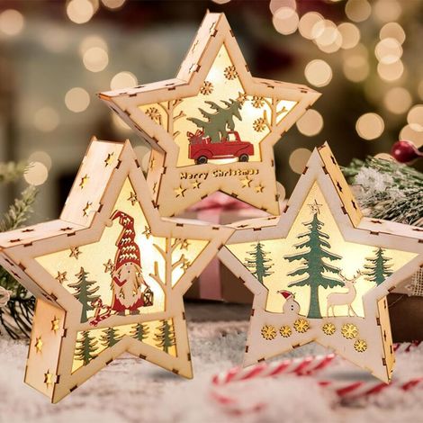 Fenêtre Décorative de Noël, 3 PCS Étoile lumineuse de Noël, Décoration de Noël Illuminé en Bois LED,Ornement en Bois Suspendu pour Arbre Noël,Fournitures Fête à la Maison Bricolage pour Noël (1/5)