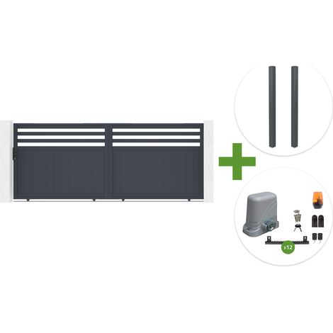 Portail coulissant 4m NEVIS H.160cm aluminium gris + 2 poteaux ELDA aluminium gris 15x15cm + motorisation Tanker C600 (1/5)