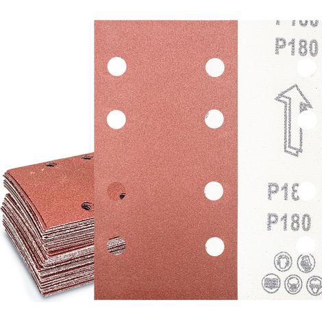 Feuilles abrasives 93 x 185 mm, 8 trous, grain 180, papier de verre carré auto-agrippant à 8 trous Accessoires Ponceuse excentrique Lot de 30 (1/5)