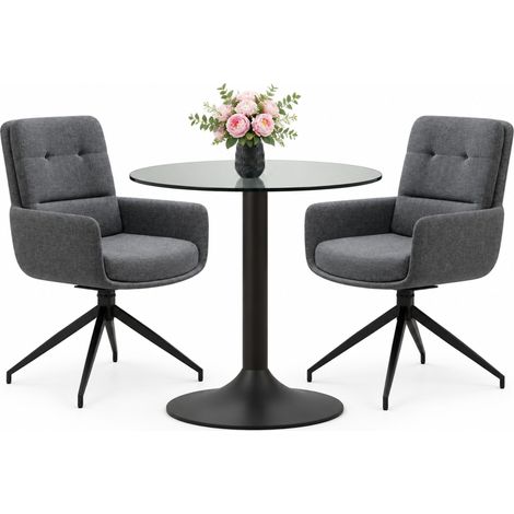 ELVMI Conjunto de Mesa y Sillas con 1 Mesa y 2 Sillas Giratorias, Vidrio Templado, Metal y Tela, Negro y Gris Oscuro (1/5)