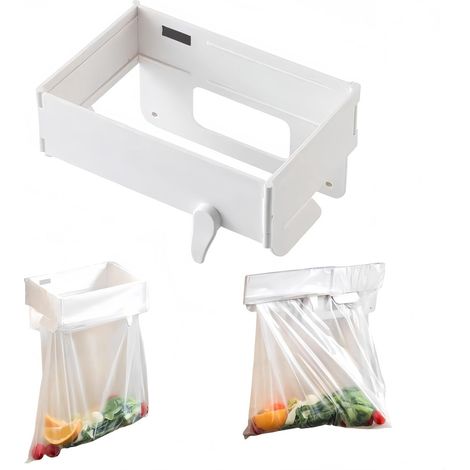 Porta sacchi per rifiuti in plastica pieghevole, 2 pezzi – Regolabile, per anta di mobile e sotto il rubinetto, cestino rettangolare per interni/esterni, bianco (1/3)