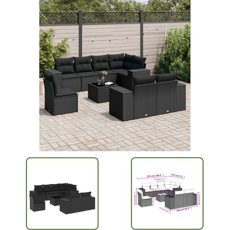The Living Store Salon de jardin 9 pcs avec coussins noir résine tressée - Ensemble Salon De Jardin - Meuble De Jardin - Résine Tressée - Rotin Synthétique - Mobilier Extérieur (1/3)
