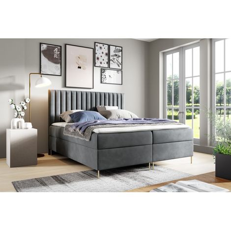 Sofello Boxspringbett JILL 200 x 200cm 2x Bettkasten TOPPER 5cm Gratis Grau Velour hohe goldene Beine (1/5)