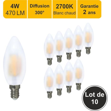 Lot de 10 ampoules LED filament E14 4W 470Lm 2700K - garantie 2 ans