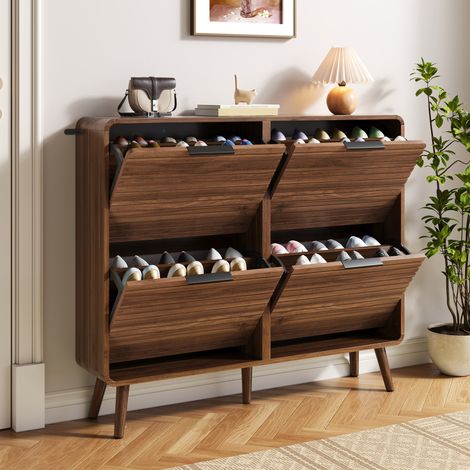 MODFU – Scarpiera 105x24x91 cm in MDF con 4 ante a ribalta e 2 colonne, doghe orizzontali e carico 60 kg – Noce (1/5)