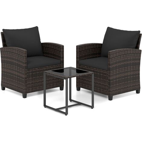 Rattan Balcony Set with 2 Chairs & Glass Table, Brown-Black