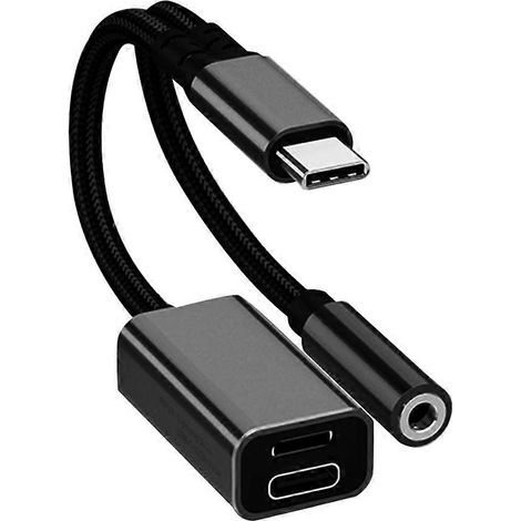 Adaptateur audio auxiliaire 3 en 1 USB-C vers 3,5 mm/Type-C/iOS avec charge rapide PD, convertisseur pour casque, noir. (1/5)