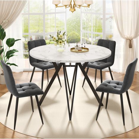 Set da pranzo con tavolo e 4 sedie in MDF effetto marmo e metallo nero, sedie in lino grigio, tavolo rotondo Ø100x76 cm (1/5)