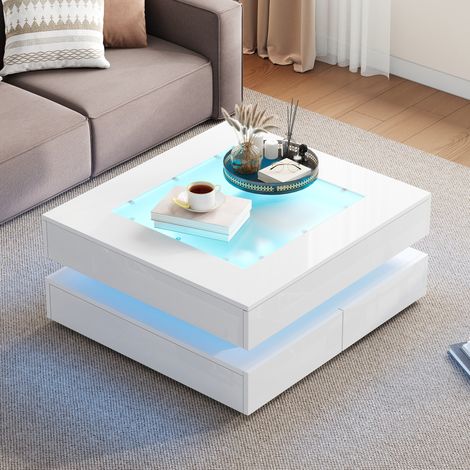 Table basse LED 70 x 70 x 35 cm, verre, 3 tiroirs, blanc (1/5)
