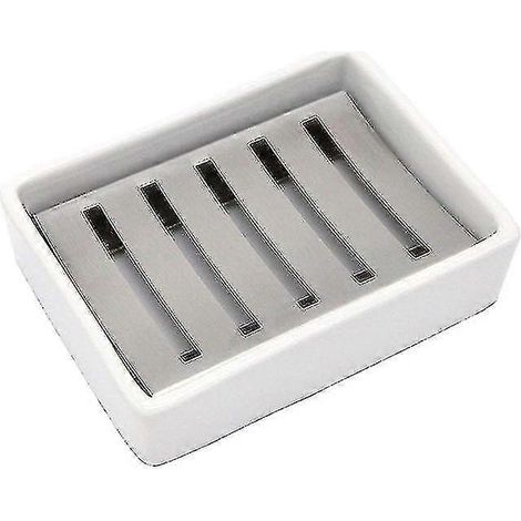 Porte-savon en céramique, plateau porte-savon en acier inoxydable 304, porte-savon amovible, porte-savon double et durable, porte-savon blanc avec égouttoir. (1/5)