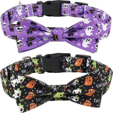 Collier pour chien d'Halloween avec nœud papillon, fermeture à clic, violet et noir - Taille L (3 x 60 cm) (1/4)