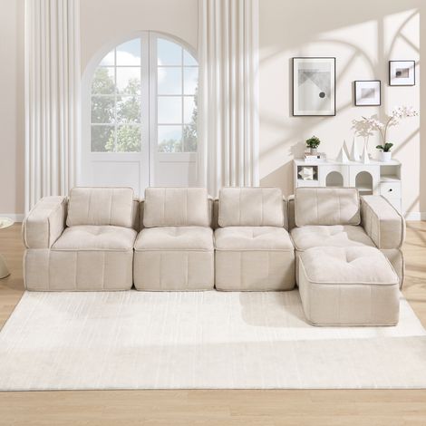 Sofá esquinero modular 344/162/67 cm beige con puf, tejido de poliéster y espuma 32D (1/5)