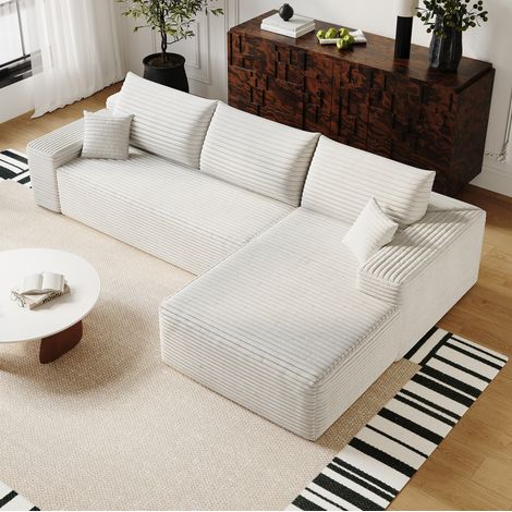 Divano angolare modulare 270 cm con chaise longue reversibile, senza montaggio, per soggiorno, tessuto bianco (1/5)