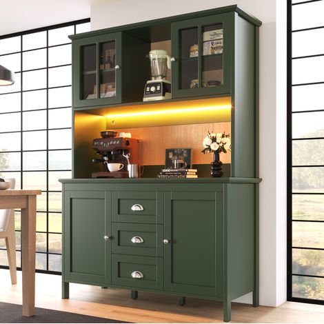 Buffet de cuisine 120x40x179 cm vert en MDF avec portes vitrées brunes et éclairage LED (1/5)