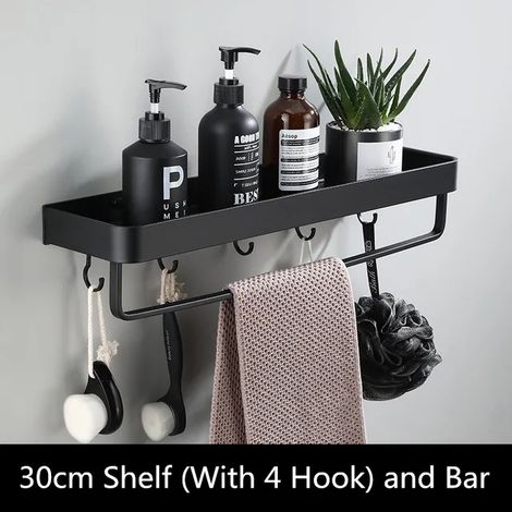 Étagère de salle de bain (30 cm avec barre à 5 crochets) en aluminium noir, étagère d'angle murale, support de rangement pour cuisine. (1/5)
