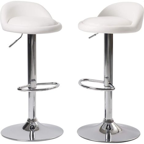 Ensemble de 2 tabourets de bar rembourrés en similicuir avec petit dossier, hauteur réglable et base pivotante à 360° chromée (blanc) (1/5)