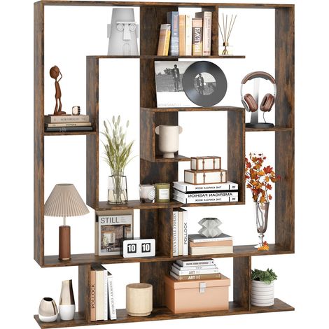COSTWAY Libreria Scaffale Geometrico Spirale ad Angolo Retto a 7 Ripiani, Scaffale Espositivo in Legno Salvaspazio, Libreria per Camera da Letto, Soggiorno e Salotto, 125 x 22 x 150 cm (Marrone)