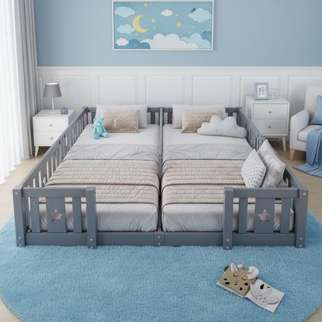 Letto in legno 140x190 cm, letto per bambini a 2 piazze con sponde decorate a stelle, rete a doghe inclusa - grigio