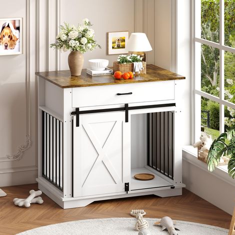 Meuble caisse pour chien style ferme moderne blanc 37 pouces – Doubles portes, tiroirs et armoire de rangement – Table d’appoint en bois pour petits et moyens chiens – Compatible NPTT-96 (1/5)