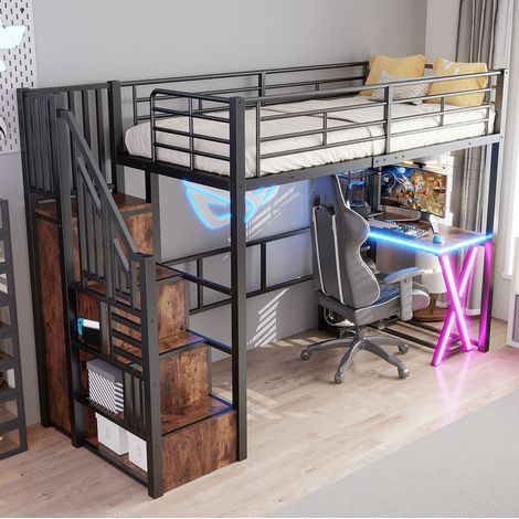 Lit mezzanine 90x200 avec LED, bureau, armoire, étagères et escalier de rangement, noir DESVIAE (1/5)