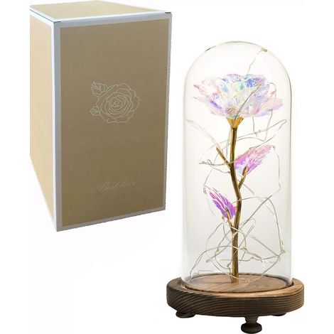Rose Éternelle - Dôme En Verre Transparent - Base En Bois Naturel - Guirlande Led Intégrée - Décoration Intérieure Et Cadeau Romantique - 1 Pièce (1/5)