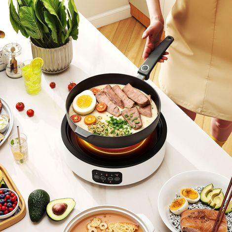 Plaque de cuisson vitrocéramique double fonction, 2 en 1, pour cuire et griller, 2000 W, 4 niveaux de puissance, affichage LED, bac de récupération des graisses, blanche