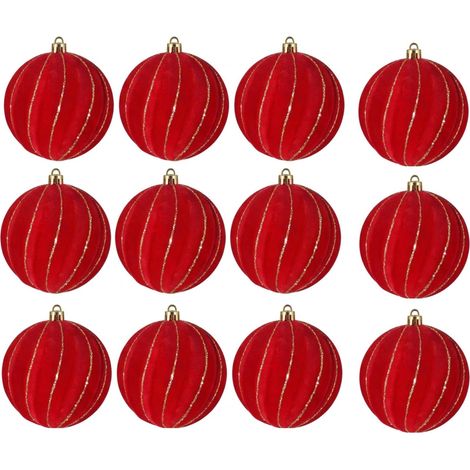12 Palline per Albero di Natale 8 cm Velluto ROSSO con Decorazioni oro Palla sfera natalizia' addobbi rossi ghirlande Eleganti e particolari arredo casa e locali commerciali (1/5)