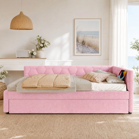 Cama nido 90x200 cm rosa en bouclé con cama extraíble, luz nocturna y puertos USB/USB-C (1/5)
