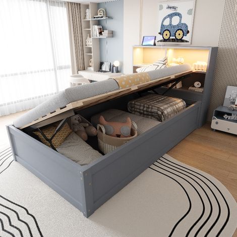 Schlafsofa 90x200 Grau mit hydraulischem Stauraum, Einzelbett aus Massivholz mit LED Beleuchtung und Steckdose, multifunktionales Gästebett (1/5)