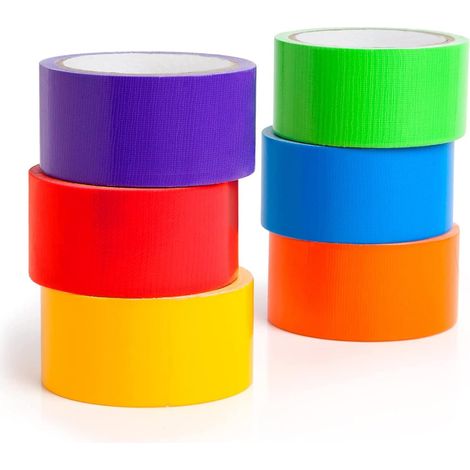 Lot de 6 rouleaux de ruban adhésif coloré de haute qualité, 50 mm x 13,7 m x 8,3 m, incluant des rouleaux bleu, violet, jaune, orange, vert, rouge (1/5)